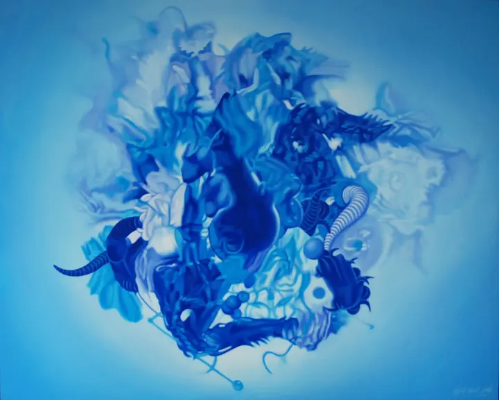 Corazón de agua, 2020. Acrílico sobre lienzo, 96 × 120 cm. Trillizos Torres Pacheco.