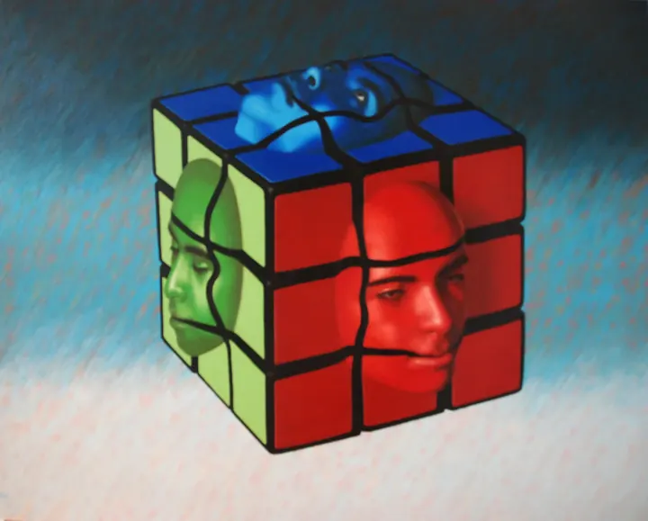 El juego de la identidad, 2015. Óleo sobre lienzo, 32 × 40 pulg.. Trillizos Torres Pacheco.