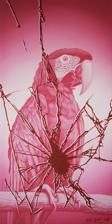 Guacamayo, 2023. Acrílico sobre lienzo, 60 × 30 cm. Trillizos Torres Pacheco.