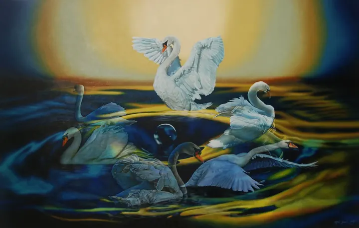 La danza de los cisnes, 2018. Óleo y acrílico sobre lienzo, 30 × 48 pulg.. Trillizos Torres Pacheco.