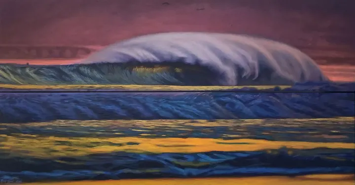 La ola del recuerdo, 2021. Acrílico sobre lienzo, 24 × 48 pulg.. Trillizos Torres Pacheco.