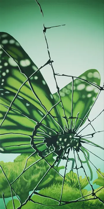 Mariposa, 2023. Acrílico sobre lienzo, 60 × 30 cm. Trillizos Torres Pacheco.