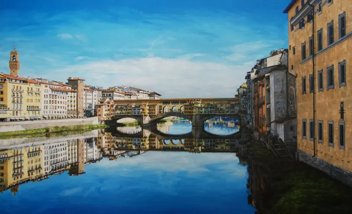 Ponte vecchio, 2018. Óleo sobre lienzo, 21.5 × 35 pulg.. Trillizos Torres Pacheco.