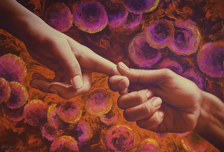 Te tengo, 2023. Acrílico sobre lienzo, 68 × 100 cm. Trillizos Torres Pacheco.