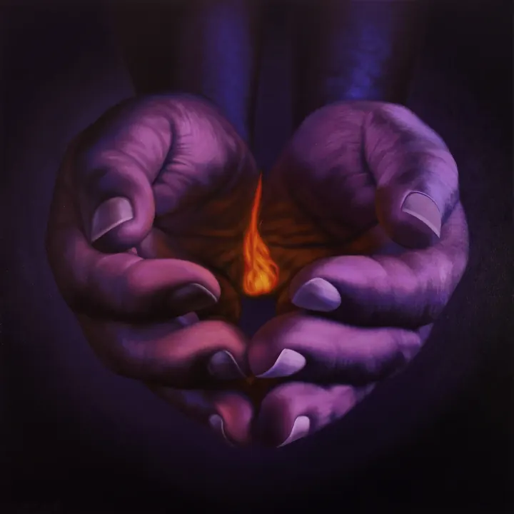 Un corazón ardiente, 2021. Acrílico sobre lienzo, 36 × 36 pulg.. Trillizos Torres Pacheco.