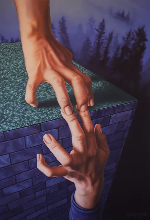 Yo te apoyo, 2023. Acrílico sobre lienzo, 100 × 68 cm. Trillizos Torres Pacheco.
